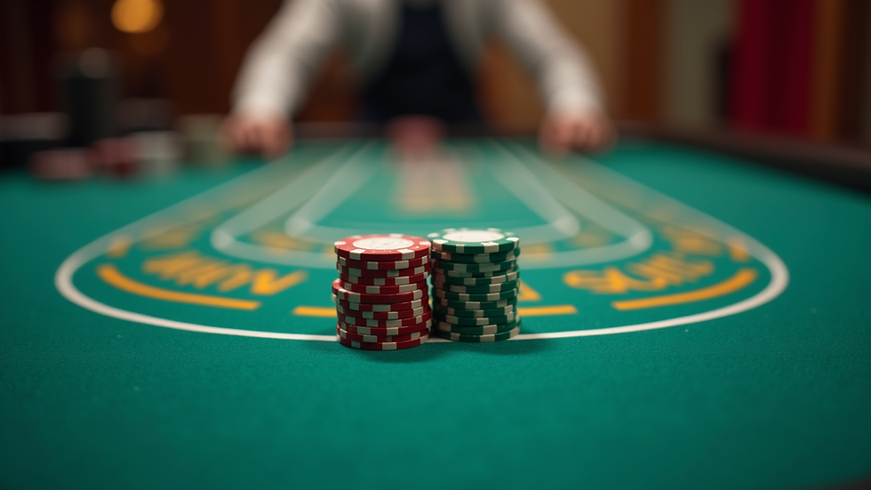 High angle view of a blackjack table with chips