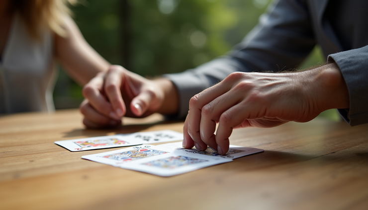 Close-up view of a hand dealing cards on a wooden table outdoors