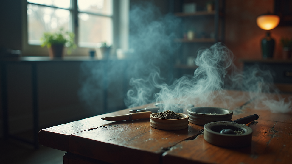 Eye-level view of a smoke setup with assorted items