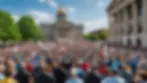 Wide angle view of large crowd rallying at Springfield City Hall