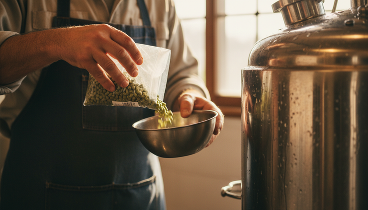 Close-up view of a brewer’s hands measuring hops beside a stainless steel kettle.