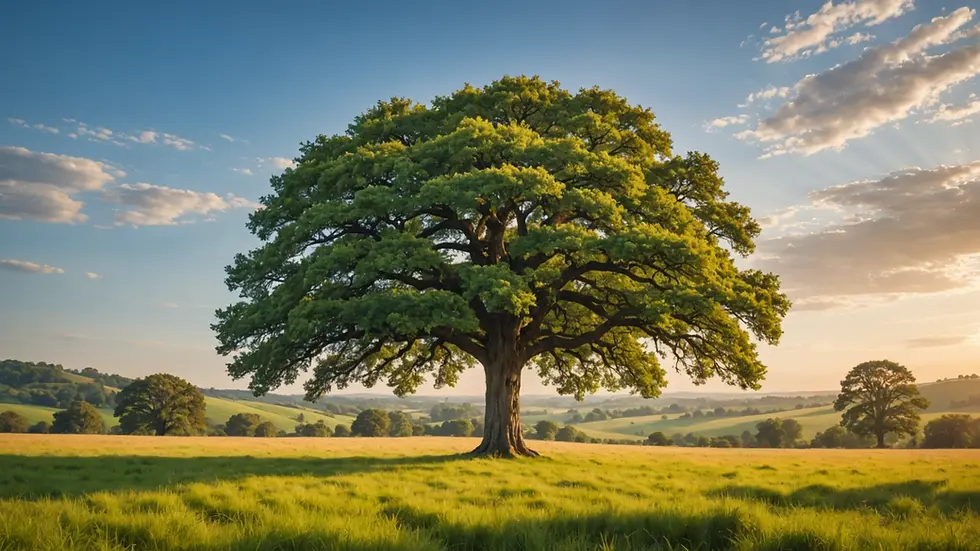 Eye-level view of a serene landscape with a single oak tree