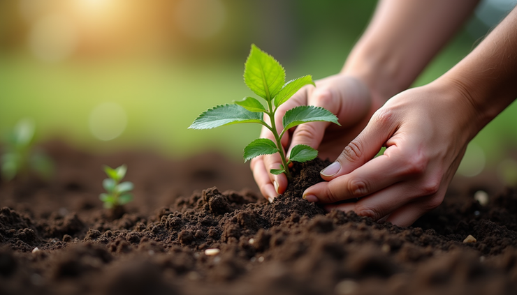 Close-up view of hands planting a young tree sapling in rich soil