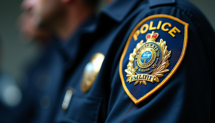 Close-up view of a police badge on a uniform