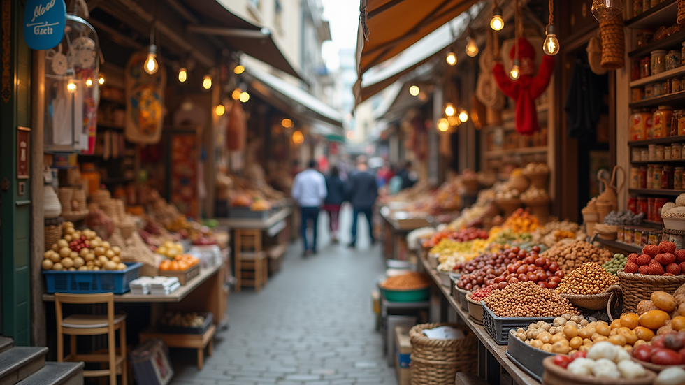 Eye-level view of a vibrant marketplace filled with various products