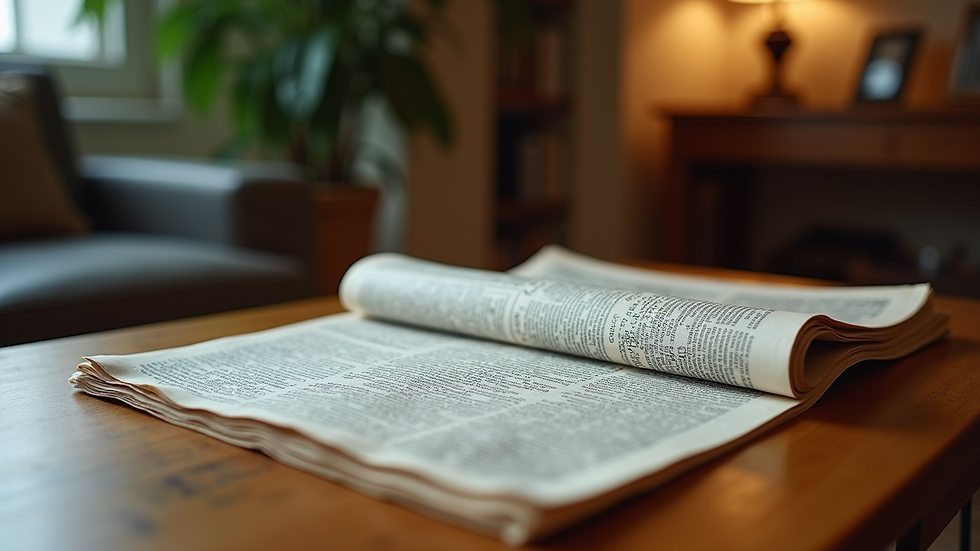 Eye-level view of a vintage newspaper on a coffee table