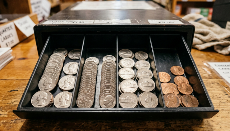 Eye-level view of a cashier tray with nickels and dimes arranged in rows