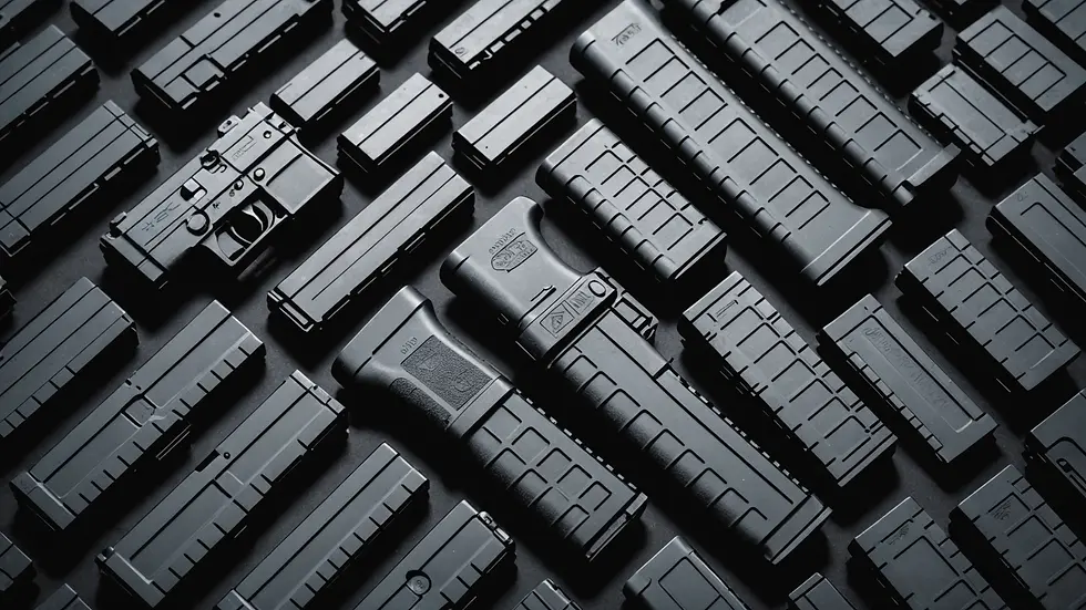 High angle view of various AR 15 magazines