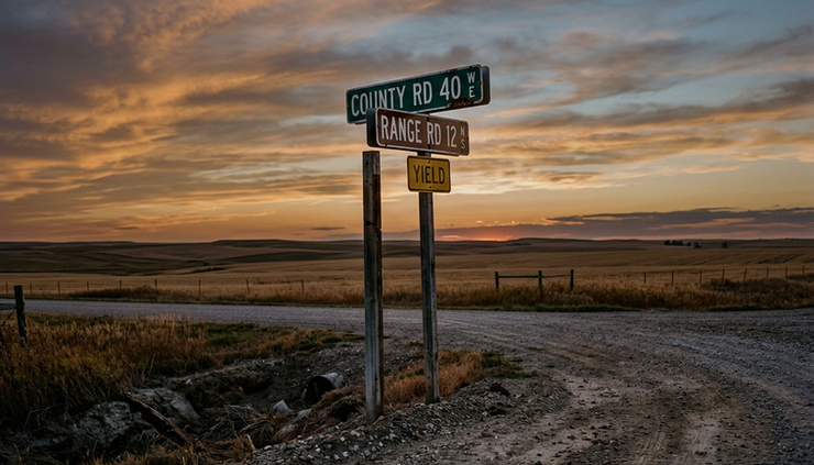 Low-angle view of a rural crossroads sign beneath a wide American sky.