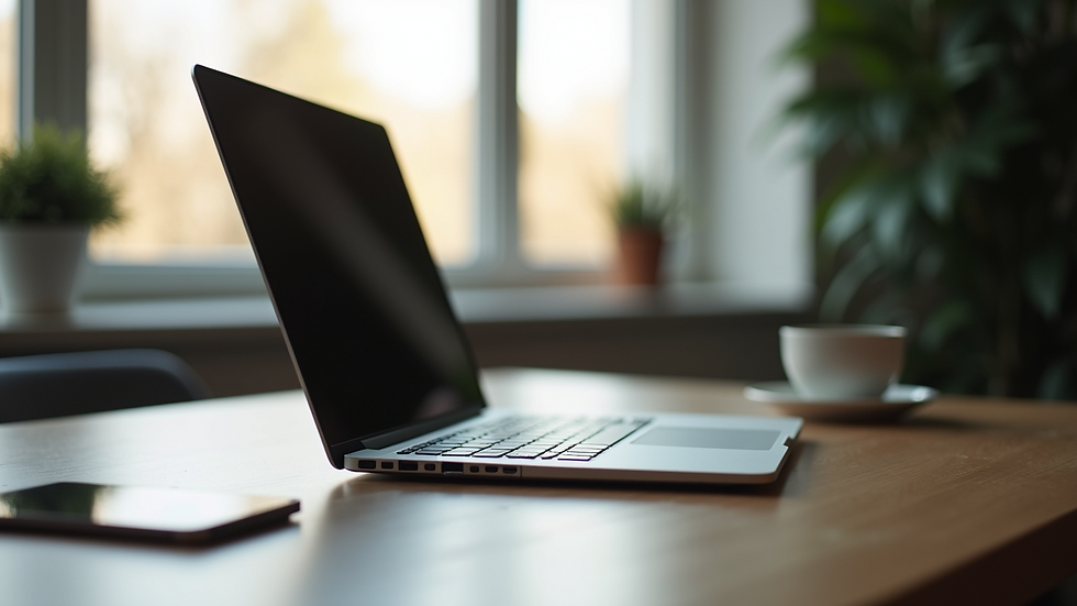 Eye-level view of a calm workspace with a laptop