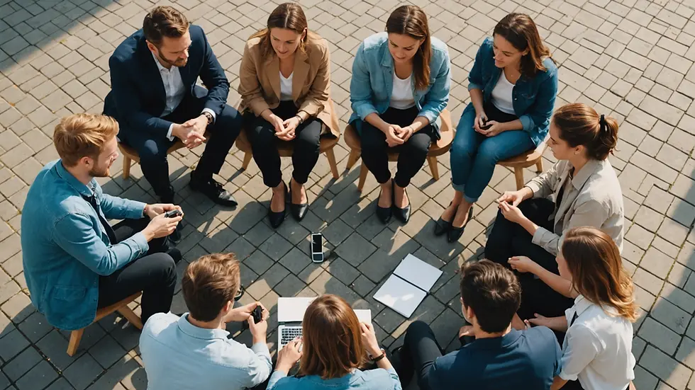 High angle view of a group of people sitting in a circle discussing ideas