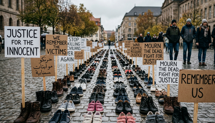 Eye-level view of handwritten signs calling for accountability placed beside empty shoes in a public square.