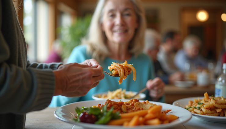Close-up view of a senior citizen receiving a meal at a community center