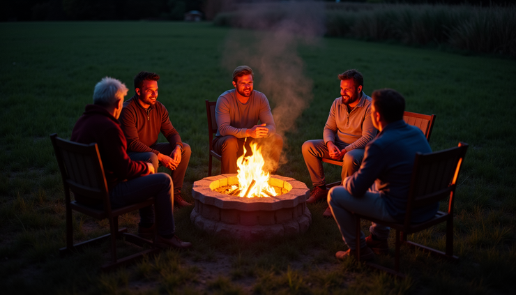 High angle view of a group sitting around a fire pit on a farm at night