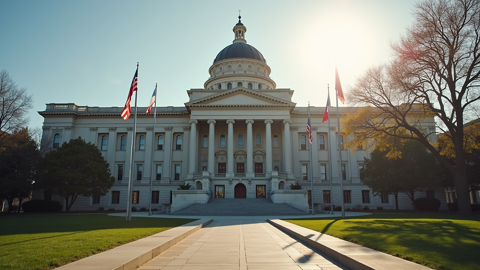 Eye-level view of a government building with flags