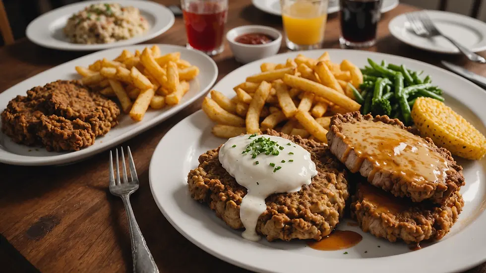 Eye-level view of a cozy dining table set with chicken fried steak dinner
