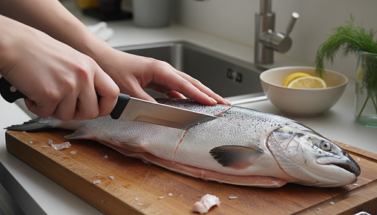 Close-up of a fillet knife following the backbone of a fish