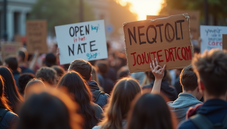 High angle view of a protest with people holding signs demanding political accountability