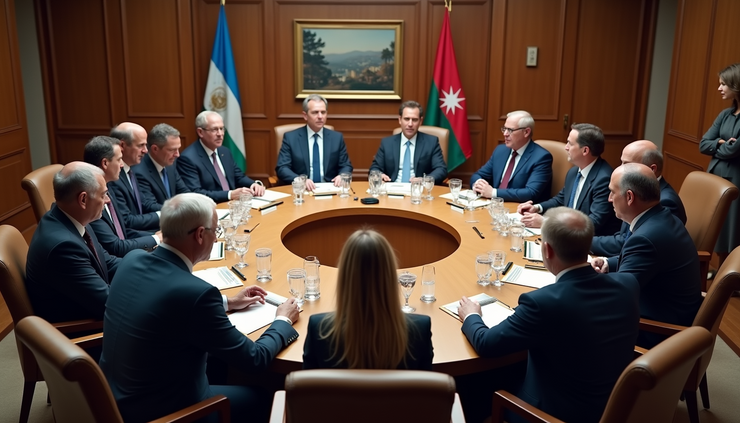High angle view of a roundtable meeting with diverse world leaders discussing democracy