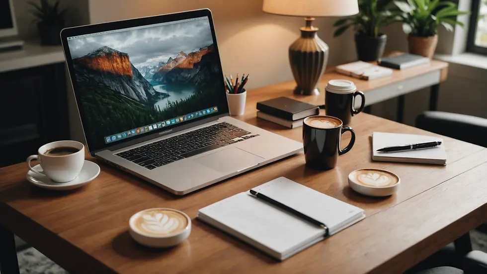 Close-up view of an inviting home office setup with a laptop and coffee