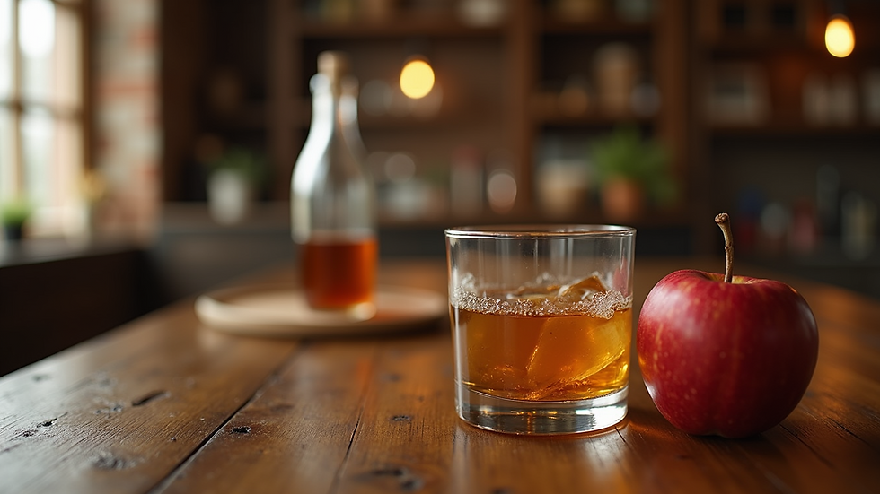 Eye-level view of a cozy setting with a glass of Apple Pie Moonshine