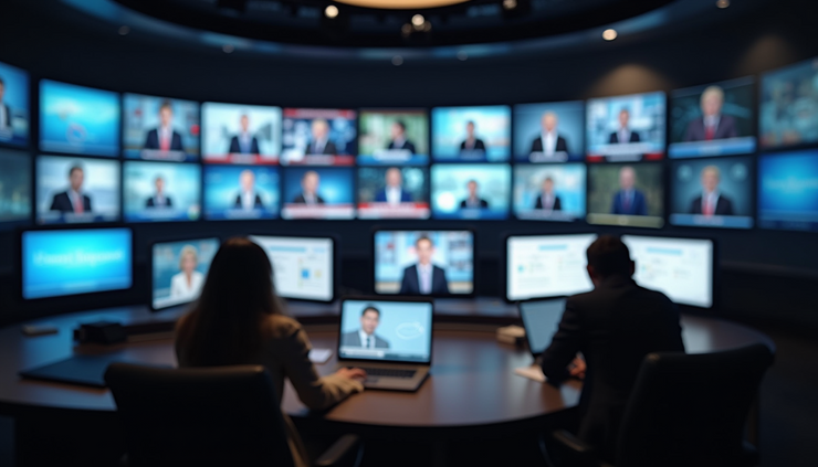 Close-up of a television news control room with multiple screens showing news broadcasts
