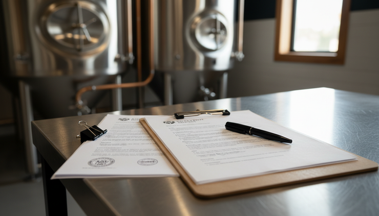 Eye-level view of printed permit paperwork on a stainless steel worktable in a brewery.