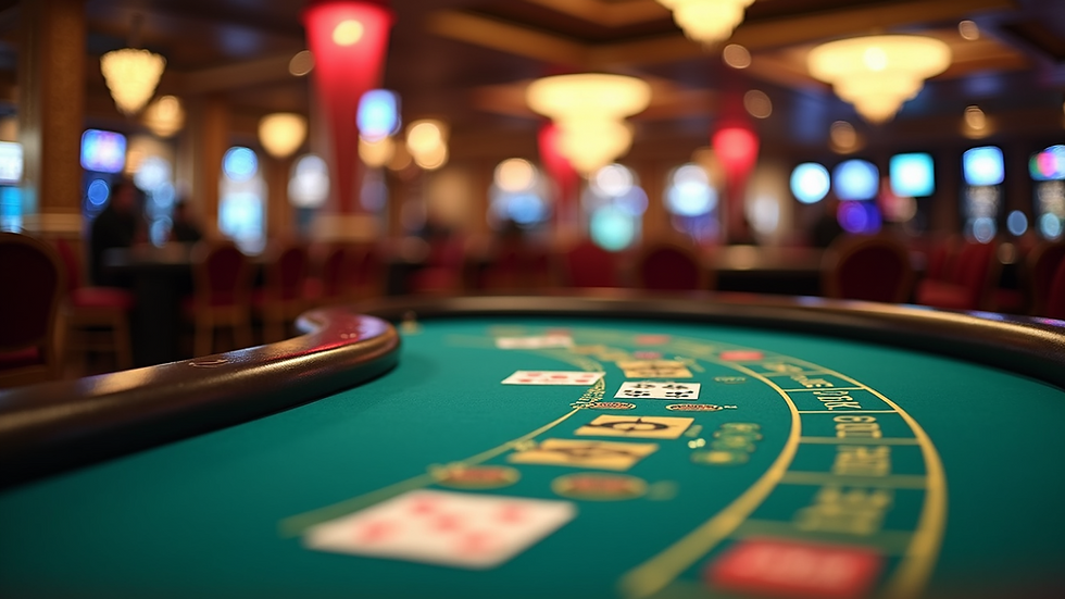 Eye-level view of a casino floor featuring Blackjack tables