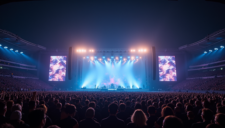 Wide angle view of the Super Bowl stage with vibrant LED screens and lighting effects