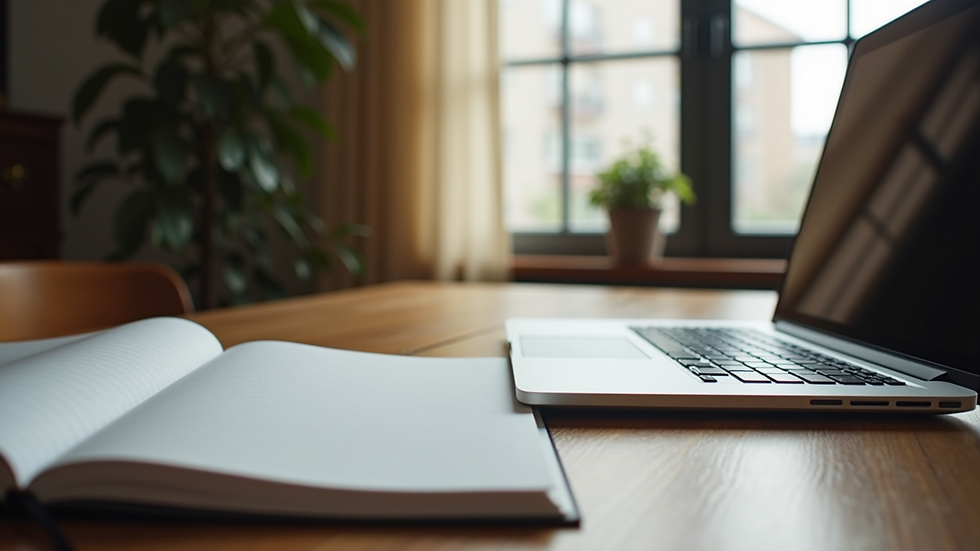 Eye-level view of a laptop and open notebook on a wooden table