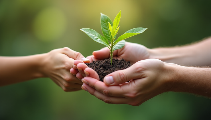 Eye-level view of a hand giving a small plant to another hand