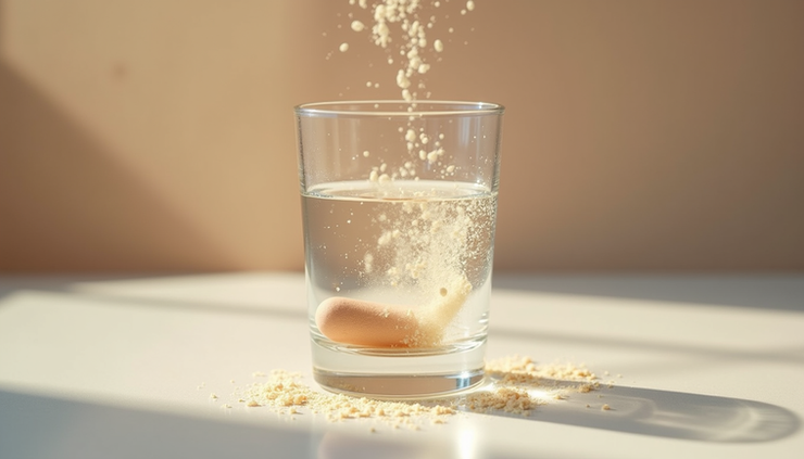 Close-up view of a glass of water with a dissolved metabolic booster powder