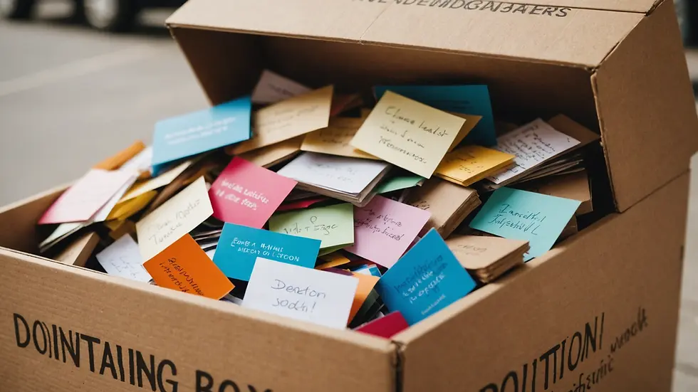 Close-up view of a donation box filled with heartfelt messages