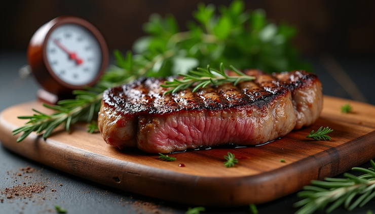 Eye-level view of a T-bone steak resting on a wooden board with herbs and a meat thermometer