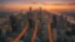 High angle view of a cityscape skyline at sunset