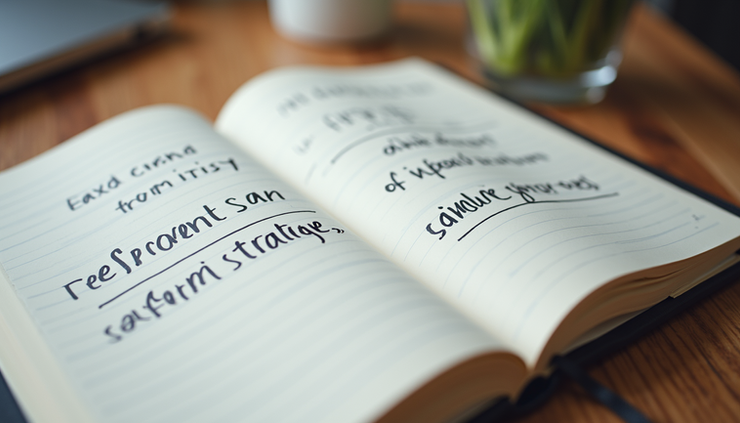 High angle view of a notebook with referral strategy notes and SendCircle logo
