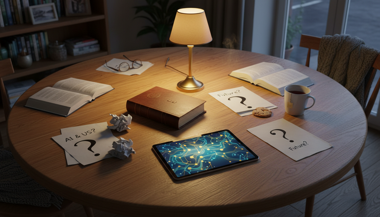 Overhead view of a family table with books, a tablet, and a small lamp