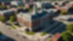 High angle view of Springfield City Hall surrounded by demonstrators