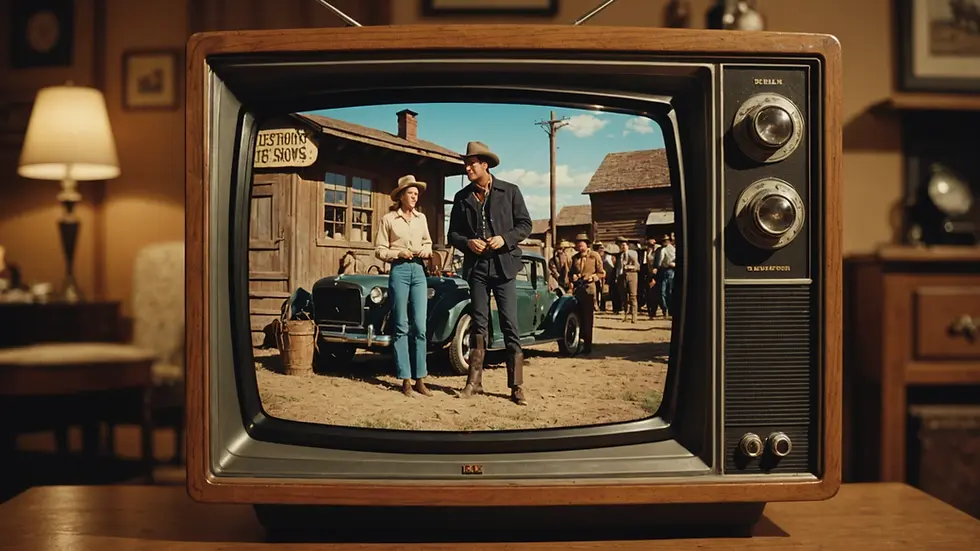 Eye-level view of a vintage TV set displaying western shows