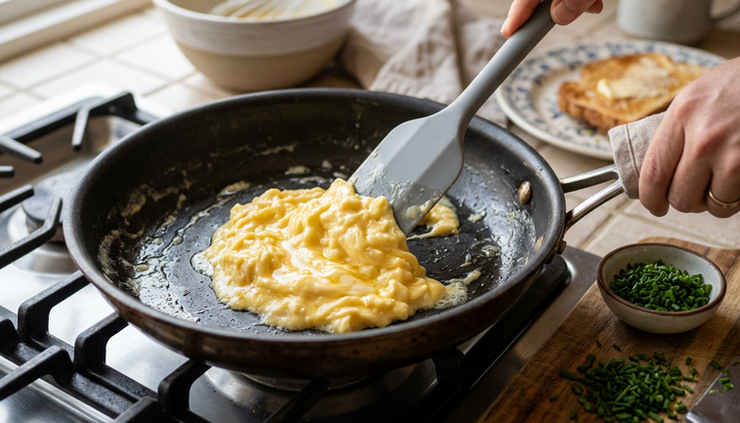 Close-up of soft scrambled eggs being folded in a skillet with a silicone spatula.
