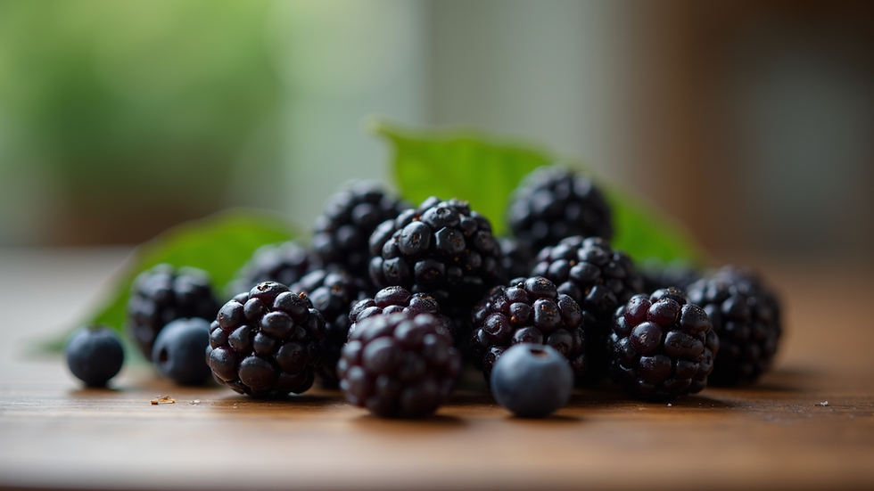 Close-up view of ripe blackberries on a table.