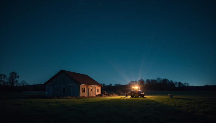 Close-up view of a tractor parked near a farm building under a starry sky