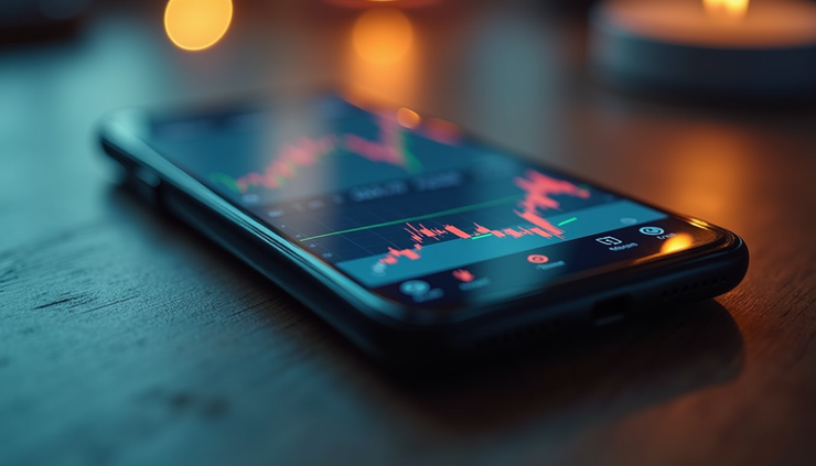 Eye-level view of a smartphone displaying a cryptocurrency trading app