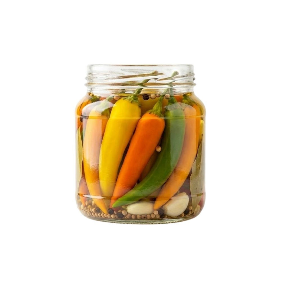 High-resolution image of Pickled Hot Peppers in Mediterranean brine, displaying vibrant spicy peppers with firm texture. Presented in a clear jar on a white background, produced under Inbrine.com export standards.