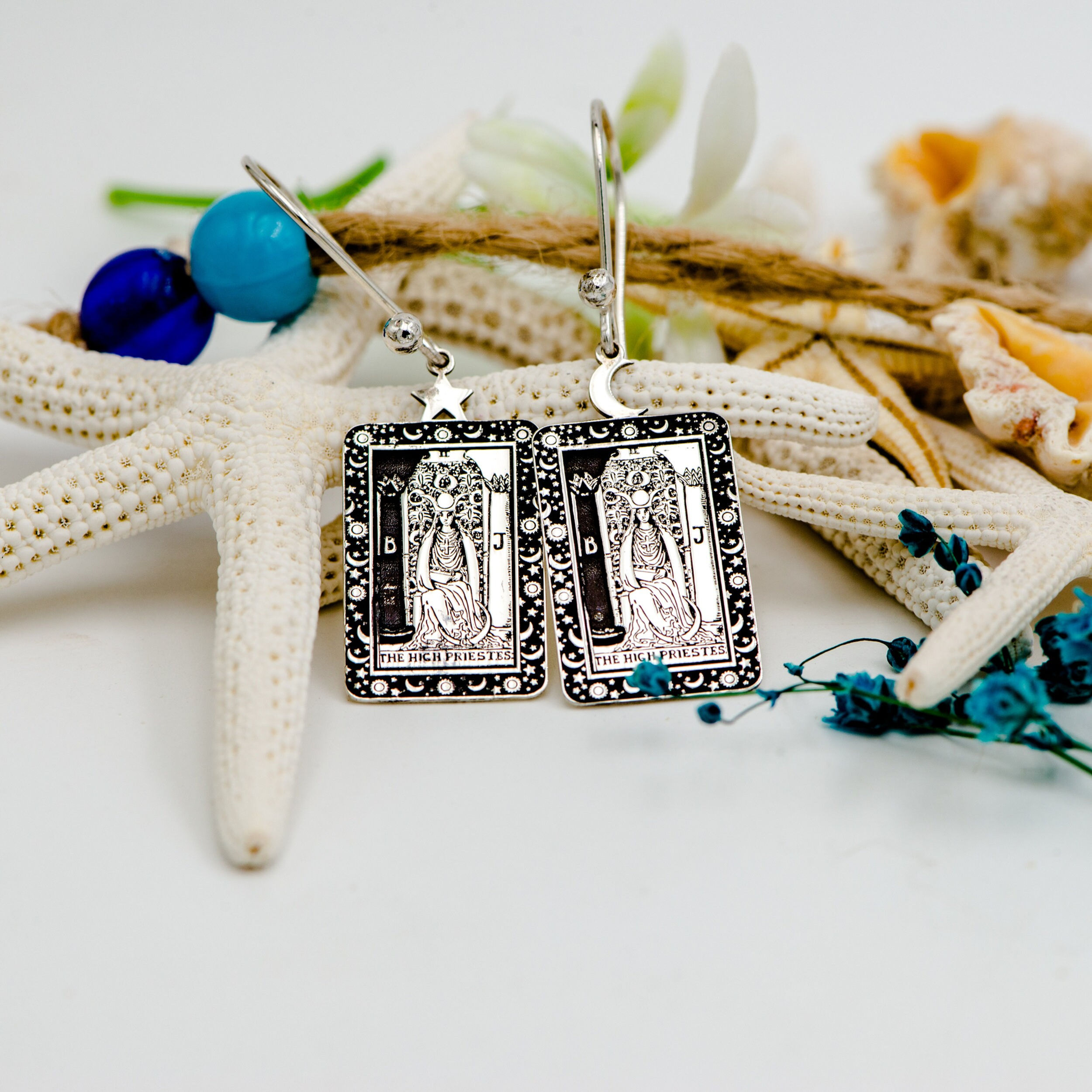 The High Priestess Tarot Card Engraved 925 Sterling Silver Earrings