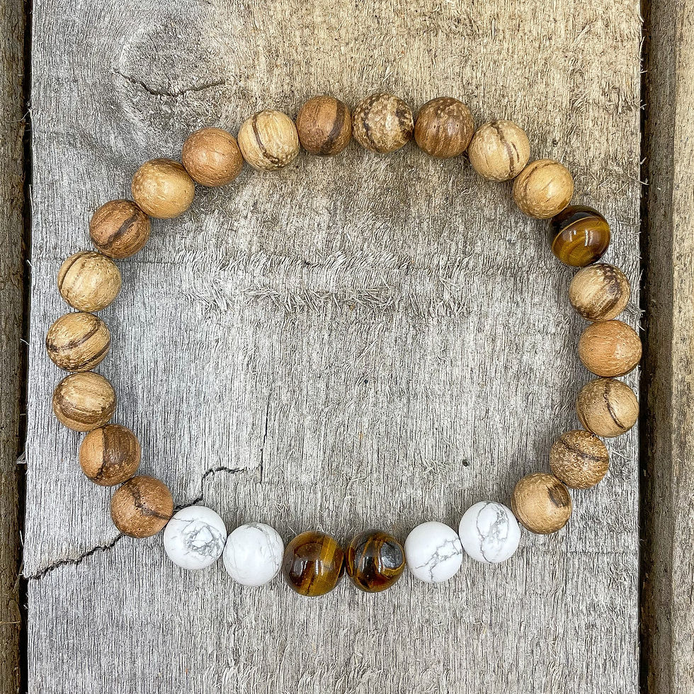 Thumbnail: Central - Tigers Eye, White Howlite, & Sandalwood Mala Beaded Bracelet