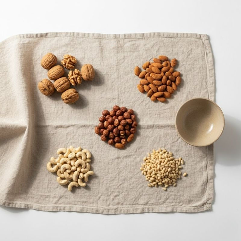 Bulk nuts supplier portfolio image showing assorted nuts on beige linen for 2026 sourcing strategy.