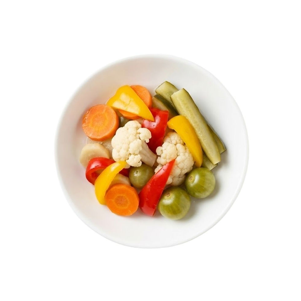 High-resolution image of Pickled Mixed Vegetables in Mediterranean brine, showcasing colorful carrots, peppers, cucumbers, cauliflower, and green tomatoes. Presented in a clear jar on a white background, export-grade production by Inbrine.com