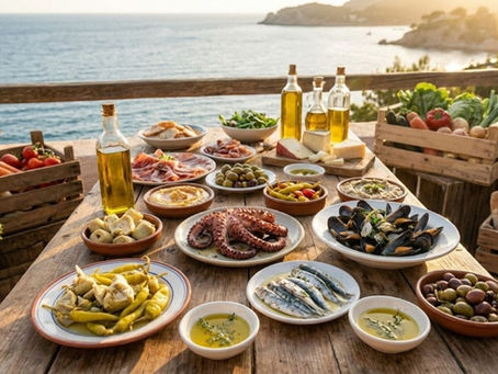Mediterranean food culture with shared table, antipasti, olive oil, preserved foods, and seafood.