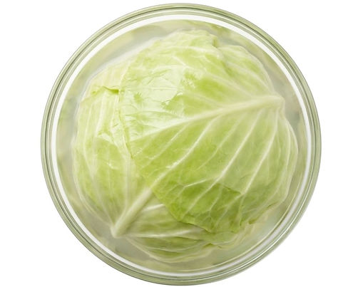 Cabbage Leaves in Brine arranged in a shallow glass bowl, square studio photo on a pure white background.